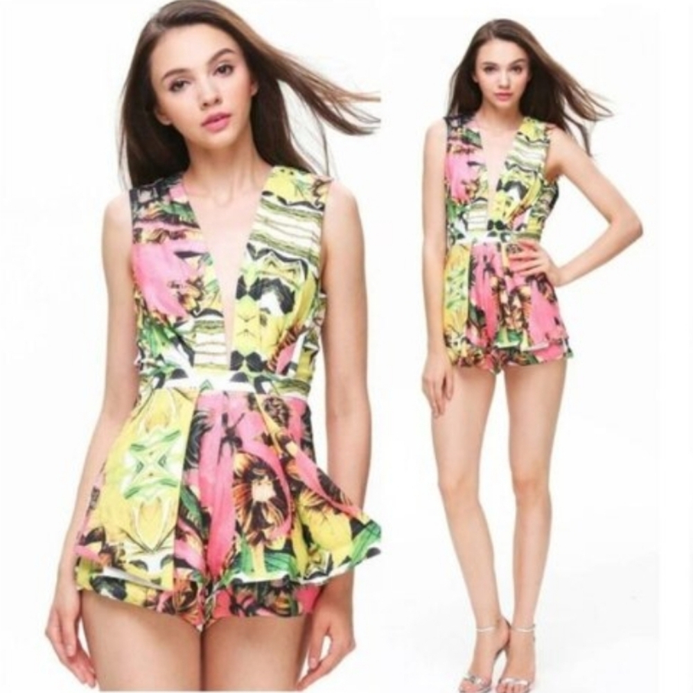 Eleanor Resortwear Tropical Floral Sleeveless Deep Plunge Skirt/Short Romper
